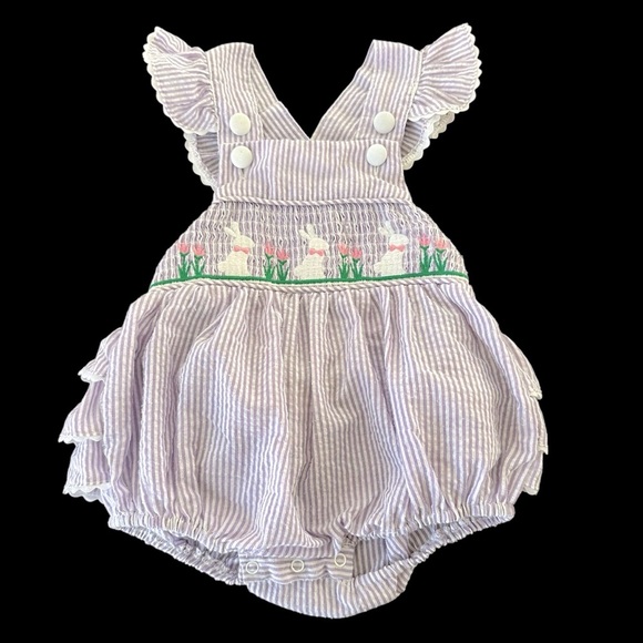 Lil Cactus 12-18 months Easter Bunny Purple Seersucker Smocked Bubble Romper - Picture 1 of 4